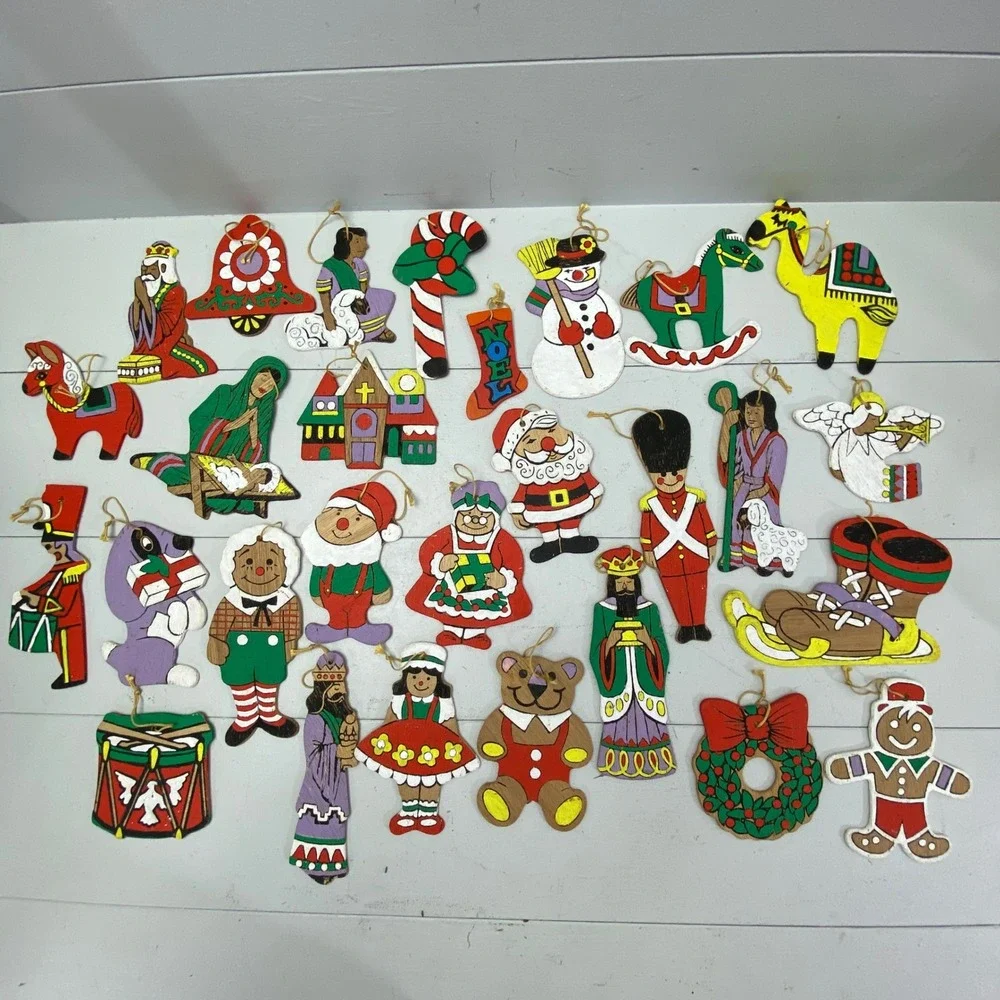 Vintage Wooden Christmas Ornaments Lot 28 Hand Painted Folk Art Mixed Christian